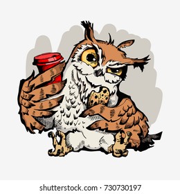 Cute owl cartoon vector  bird character. Hand drawn vector illustration for t-shirt print design, greeting card. Isolated on white