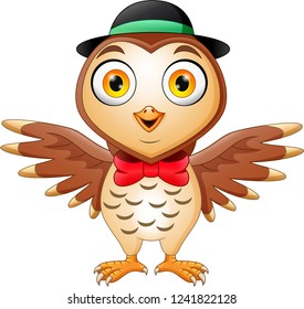 Cute owl cartoon wearing hat and red bow