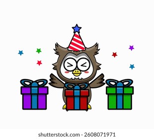 Cute Owl Celebrating Birthday with Gifts Cartoon Vector