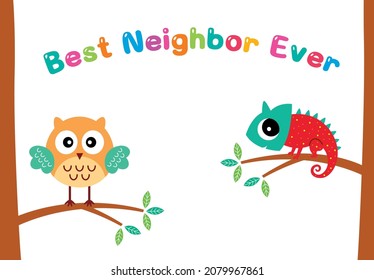 cute owl and chameleon best neighbor ever greeting card vector