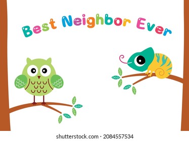 cute owl and chameleon best neighbor ever greeting card vector