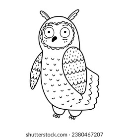 Cute owl character in black and white. Funny outline bird isolated on white background. Doodle owl print for kids and nursery design. Vector illustration