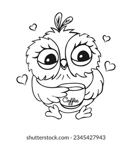 Cute owl character, owl chick. Outline drawing, sketch for coloring. Vector