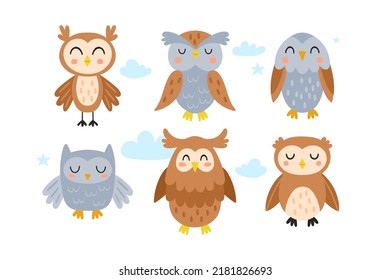 Cute owl character design set. Childish print for stickers, apparel, cards and nursery decoration. Vector Illustration