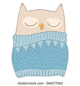 Cute owl character. Hand drawn vector illustration.