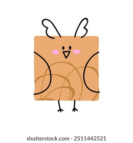 Personagem coruja bonito. Feliz pássaro em forma de quadrado sorridente, estilo de rabiscar simples. Engraçado animal kawaii, desenho cômico humorístico e extravagante. Crianças infantis ilustração vetor plano isolado no fundo branco