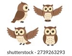 Cute Owl Character Set Collection, Kawaii Bird Mascot Flying and Standing, Adorable Night Forest Animal Vector Illustration for Education