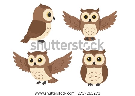 Cute Owl Character Set Collection, Kawaii Bird Mascot Flying and Standing, Adorable Night Forest Animal Vector Illustration for Education