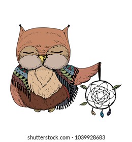 Cute owl character with shawl and dream catcher