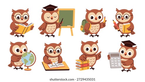 Personajes de búho lindo en profesiones educativas Establecer Ilustración vectorial