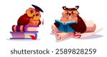 Cute owl characters studying - graduate bird perched on stack of colorful books, wise fowl reading blue textbook sitting on parchment scrolls. Educational mascots for library and learning design.