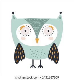 Cute owl childish print. Perfect for t-shirt, apparel, cards, poster, nursery decoration. Vector Illustration