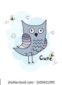 Cute owl in children's cartoon style colorful hand drawing.  Vector illustration