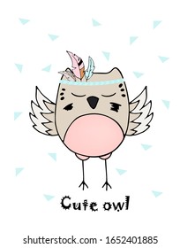 Cute owl in children's cartoon style colorful hand drawing.  Vector illustration