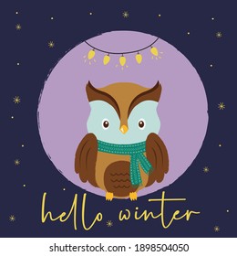 Cute owl Christmas card vector with hello winter text