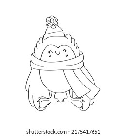 Cute Owl Clipart Black And White For Kids Holidays And Goods. Happy Clip Art Coloring Page Owl In A Hat And Scarf. Vector Illustration Of A Bird For Stickers, Prints For Clothes, Baby Shower. 