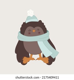 Cute Owl Clipart For Kids Holidays And Goods. Happy Clip Art Owl In A Hat And Scarf. Vector Illustration Of A Bird For Stickers, Prints For Clothes, Baby Shower Invitation