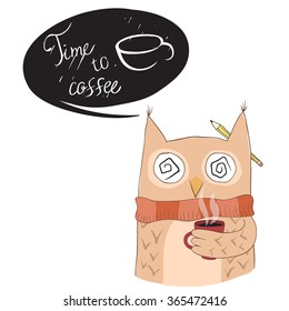Cute owl with coffee cup. Hand drawn vector.