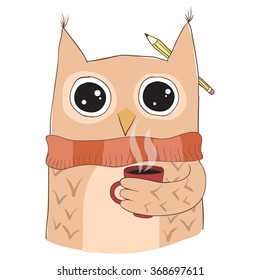 Cute owl with coffee cup. Hand drawn vector.