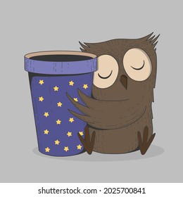 Cute owl with coffee cup. Sleeping bird, cartoon hand drawn wild animal with take away mug vector print