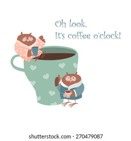 Cute owl with coffee mug. Vector isolated illustration