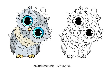 Cute owl collection. Monochrome and colored, vector illustration for coloring book, print and poster. 