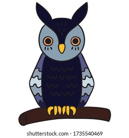 Cute owl colored freehand drawing, beautiful animal sketch, night bird on a branch illustration, coloring page image