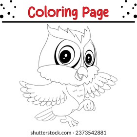 Cute owl coloring page for children. Bird Black and White Cartoon Vector Illustration.