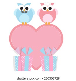 cute owl couple with heart. vector