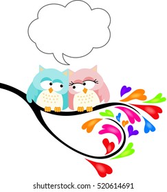 Cute owl couple with speech bubble 