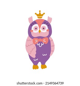 Cute owl with crown and bow, vector illustration in hand drawn style