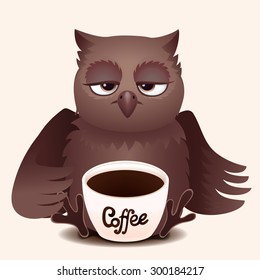 Cute owl with cup of coffee. Good morning. Vector illustration.