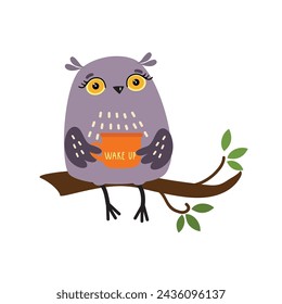 Cute owl with cup of coffee, tea, chocolate. Wake up, good morning concept. Funny bird, cartoon character. Hand drawn vector illustration isolated on white. Flat design.  