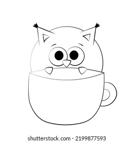 Cute Owl and Cup. Draw illustration in black and white