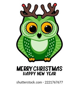 Cute owl with deer horns. Christmas, New Year concept. Humorous cartoon vector illustration.