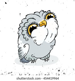 Cute Owl Doodle Illustration. Grunge Kawaii Picture. Vector Owlet.