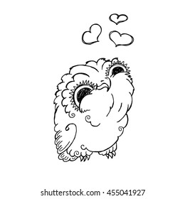 Cute Owl Doodle Illustration. Grunge Kawaii Picture. Vector Lovely Owlet.