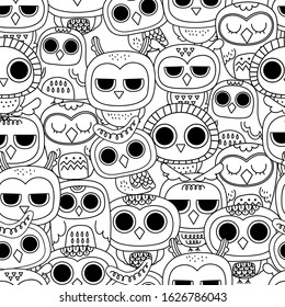 Cute owl doodles seamless pattern. Animal wildlife cartoon character background. -Vector