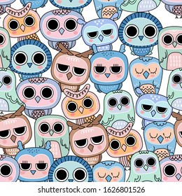 Cute owl doodles seamless pattern. Animal wildlife cartoon character background. -Vector