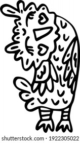 Cute owl dozed off with his head bowed. Vector illustration with forest bird resting. Hand-drawn black and white doodle. Cartoon image for children's books and prints. Clipart in the theme of wildlife