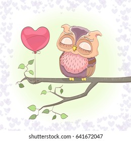 cute owl dreaming on a branch and heart balloon. cartoon vector illustration