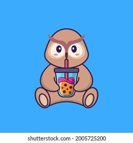 Cute owl Drinking Boba milk tea. Animal cartoon concept isolated. Can used for t-shirt, greeting card, invitation card or mascot.