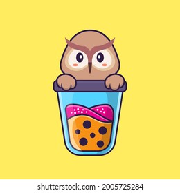 Cute owl Drinking Boba milk tea. Animal cartoon concept isolated. Can used for t-shirt, greeting card, invitation card or mascot.