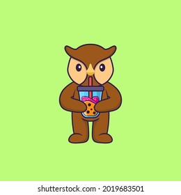 Cute owl Drinking Boba milk tea. Animal cartoon concept isolated. Can used for t-shirt, greeting card, invitation card or mascot.