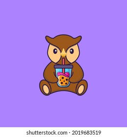 Cute owl Drinking Boba milk tea. Animal cartoon concept isolated. Can used for t-shirt, greeting card, invitation card or mascot.