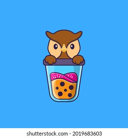 Cute owl Drinking Boba milk tea. Animal cartoon concept isolated. Can used for t-shirt, greeting card, invitation card or mascot.