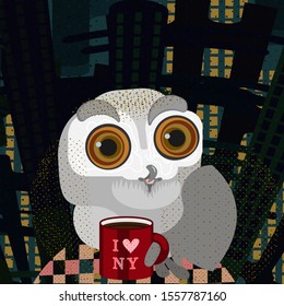 Cute owl drinking coffee. The owl and the background saved in separate layers.