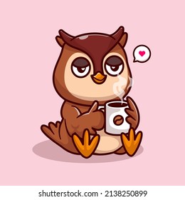 Cute Owl Drinking Coffee Cartoon Vector Icon Illustration. Animal Drink Icon Concept Isolated Premium Vector. Flat Cartoon Style