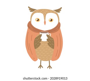 

A cute owl is drinking tea. A charming owlet is basking. Character of a cute little owl. Print for clothes. Children's illustration of a bird. Beautiful owl with a mug.