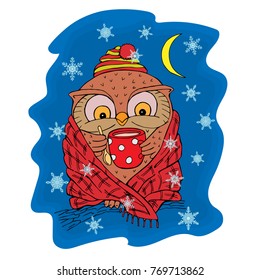 Cute owl drinks a cup of hot coffee with milk. Print for clothes.